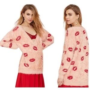 Nasty Gal Fuzzy Peach Knit Lip Kiss Print V Neck Sweater Small Valentines